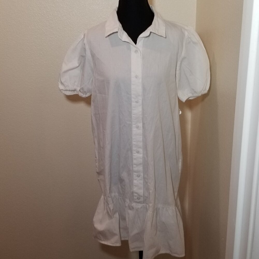 Derek Heart Medium White‎ Shirt Dress Button Front Collared Ruffle Cottage NWT